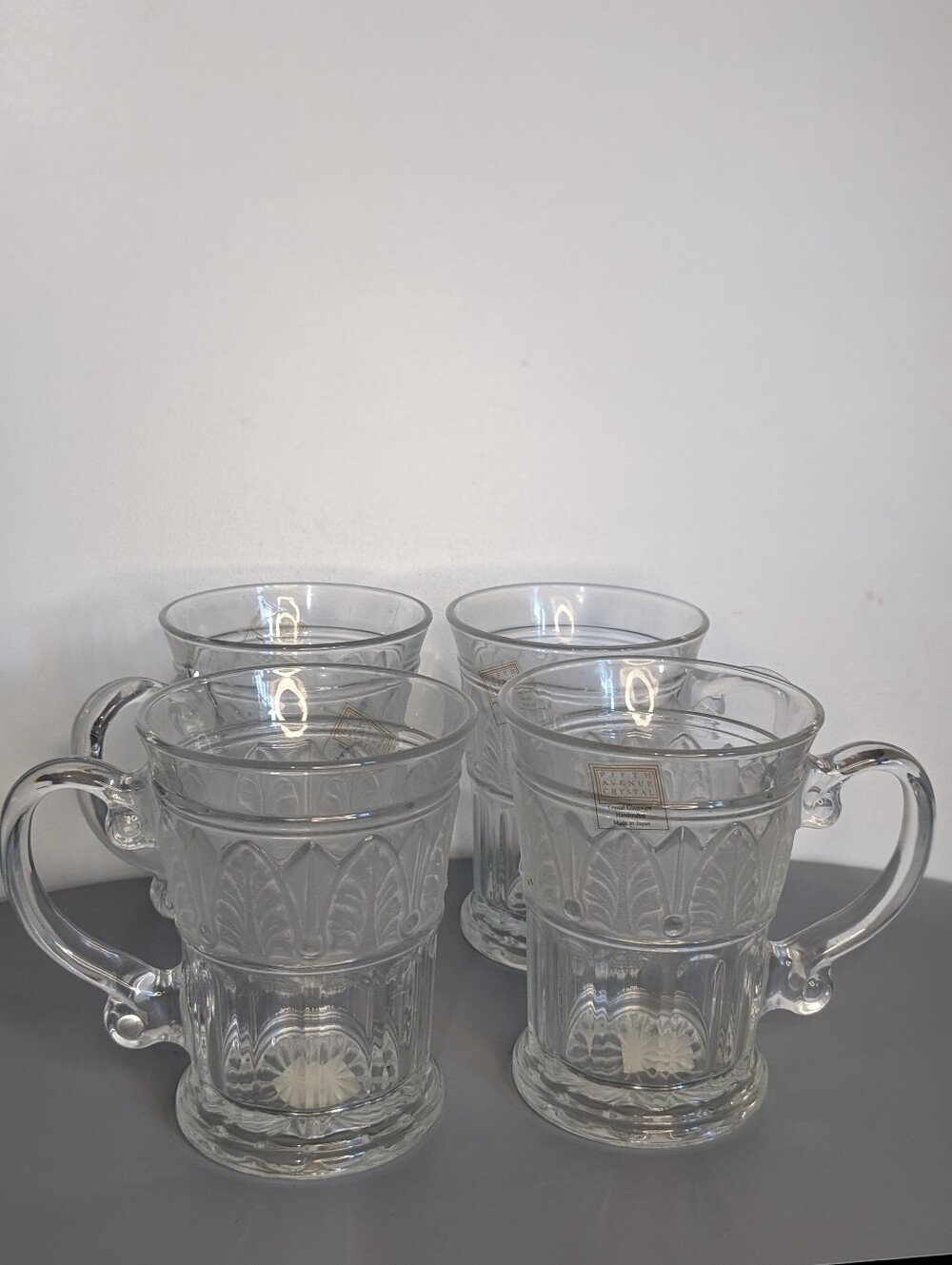 Vintage Fifth Avenue Crystal Etched Glass Mugs Set Of Four Heavy Clear  Coffee